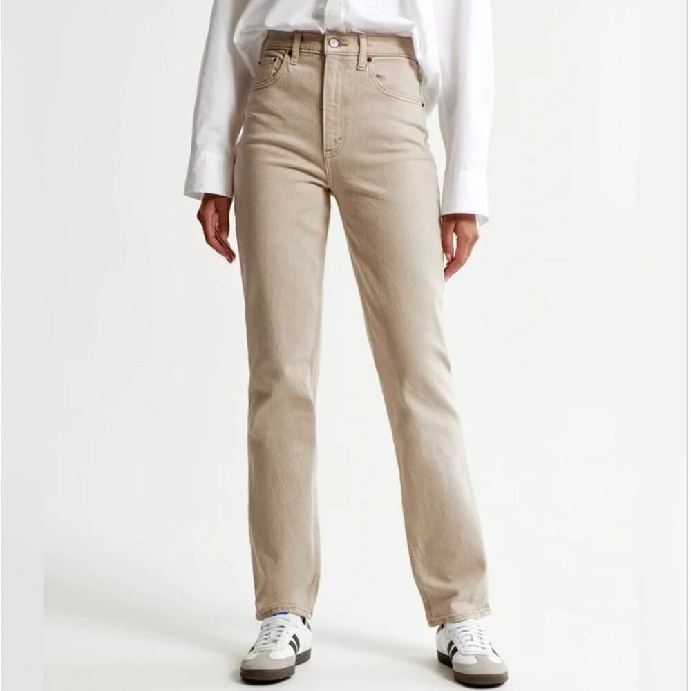 Abercrombie The 90s Straight Ultra High Rise Jeans Beige Raw Hem 28/6 Short
